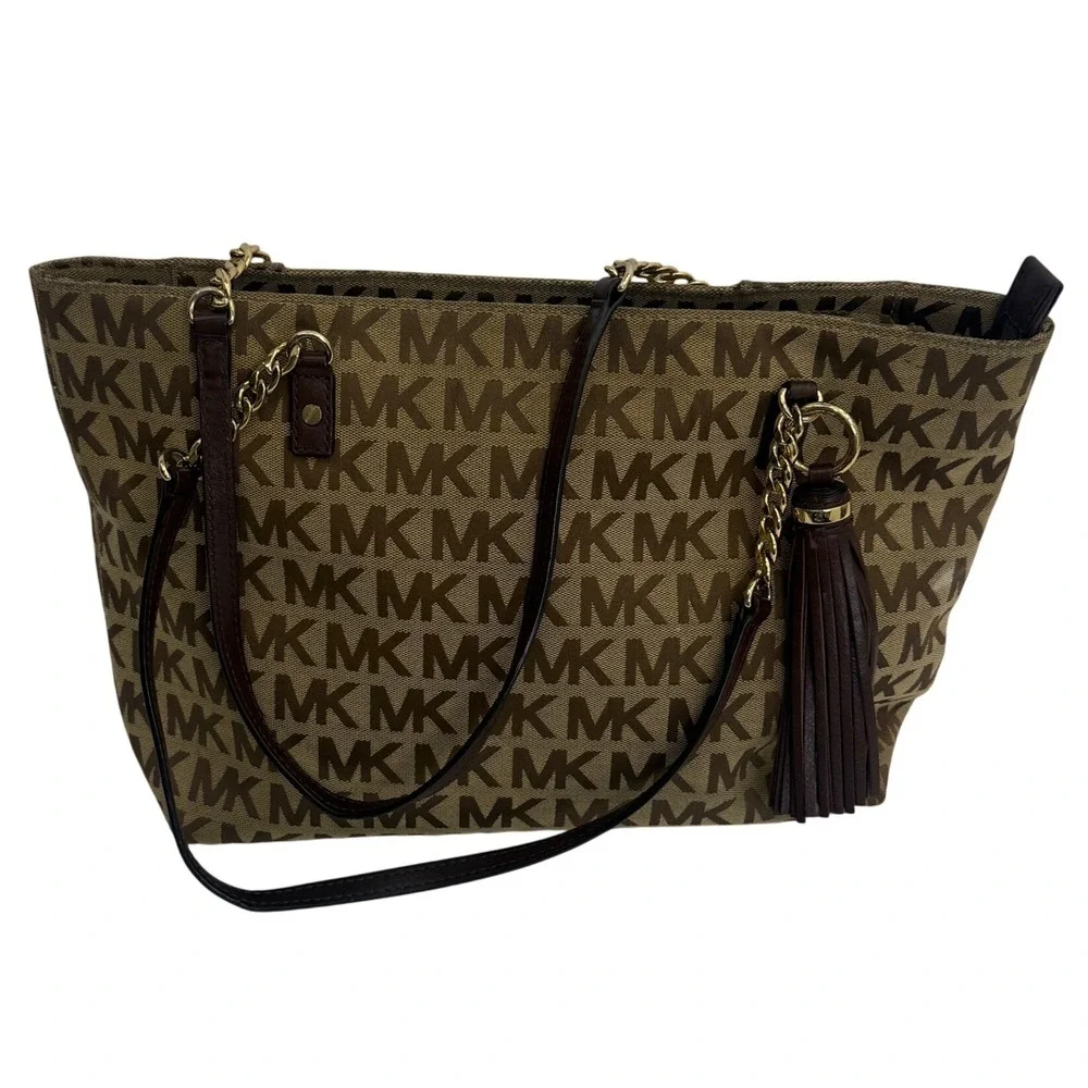 Michael Kors Tote Bag Women Large Brown MK Signature Monogram Canvas Tassel